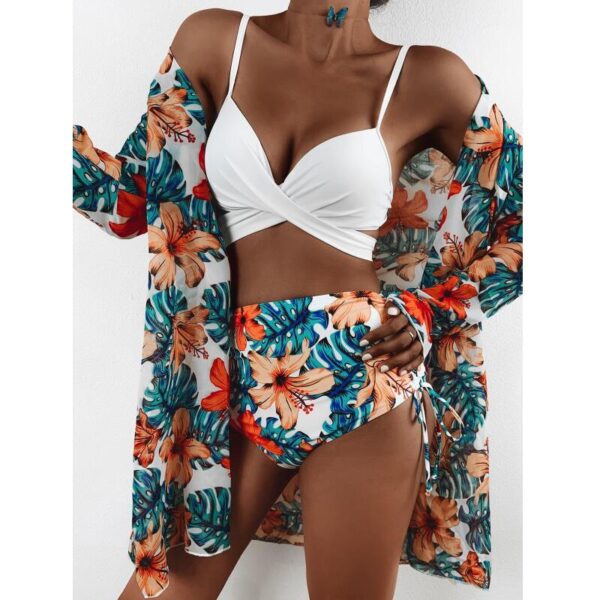 New Sexy Bikinis Floral Print Cover Up Long Sleeve Swimwear Bikini Set Female Summer High-Waist Push Up Bather 3 Piece Biquini